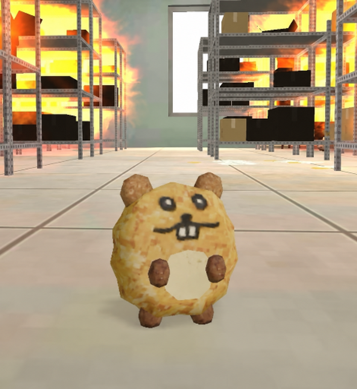 Burnhamster beside a cart of sunflower seeds in a burning warehouse
